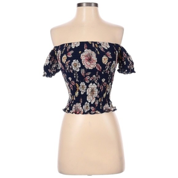 Aqua Off Shoulder Blouse Size Xs Navy Blue Floral Ruching Ruffle Short Sleeve